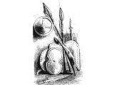 Ancient Jewish shields and spears. There are very few illustrations of Jewish soldiers, but their dress and weaponry can be inferred from their neighbours. They were influenced mainly by Egyptians during their early settlement.